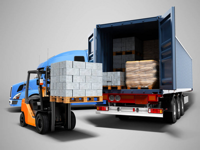 現代貨物裝卸技術 卡車、拖車、建筑材料與橙色叉車的3D實踐